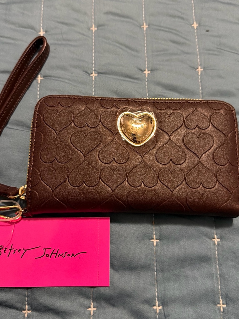 Betsey Johnson Brown Heart-Embossed Wristlet with Gold Heart Accent
